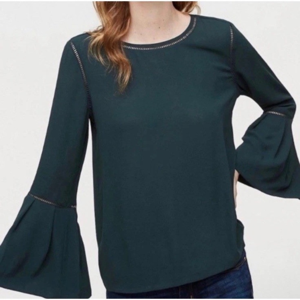 NWT Loft Long Bell Sleeve Festive Blouse Green Size M Holiday